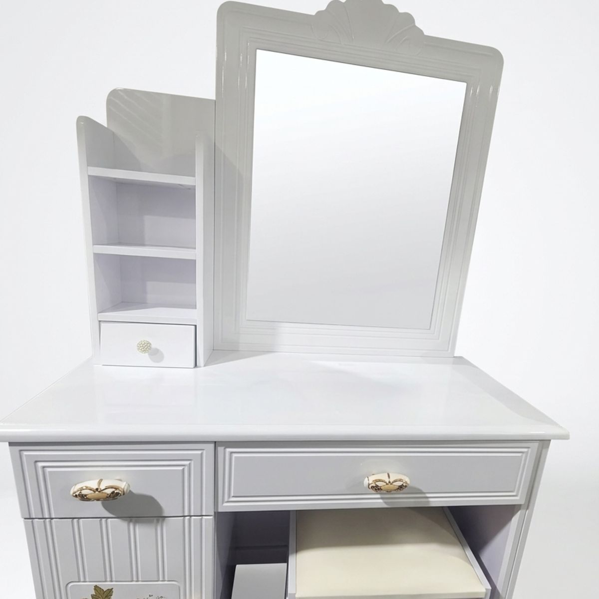 GENERICO - Tocador de Maquillaje con Espejo, Organizador y Taburete - Blanco Vintage