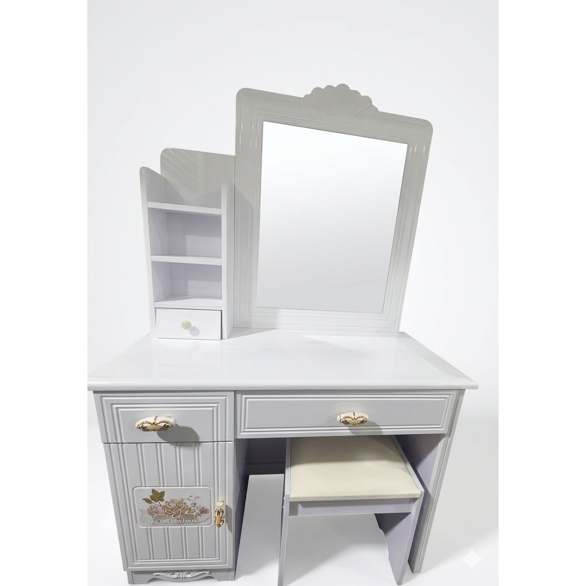 GENERICO - Tocador de Maquillaje con Espejo, Organizador y Taburete - Blanco Vintage