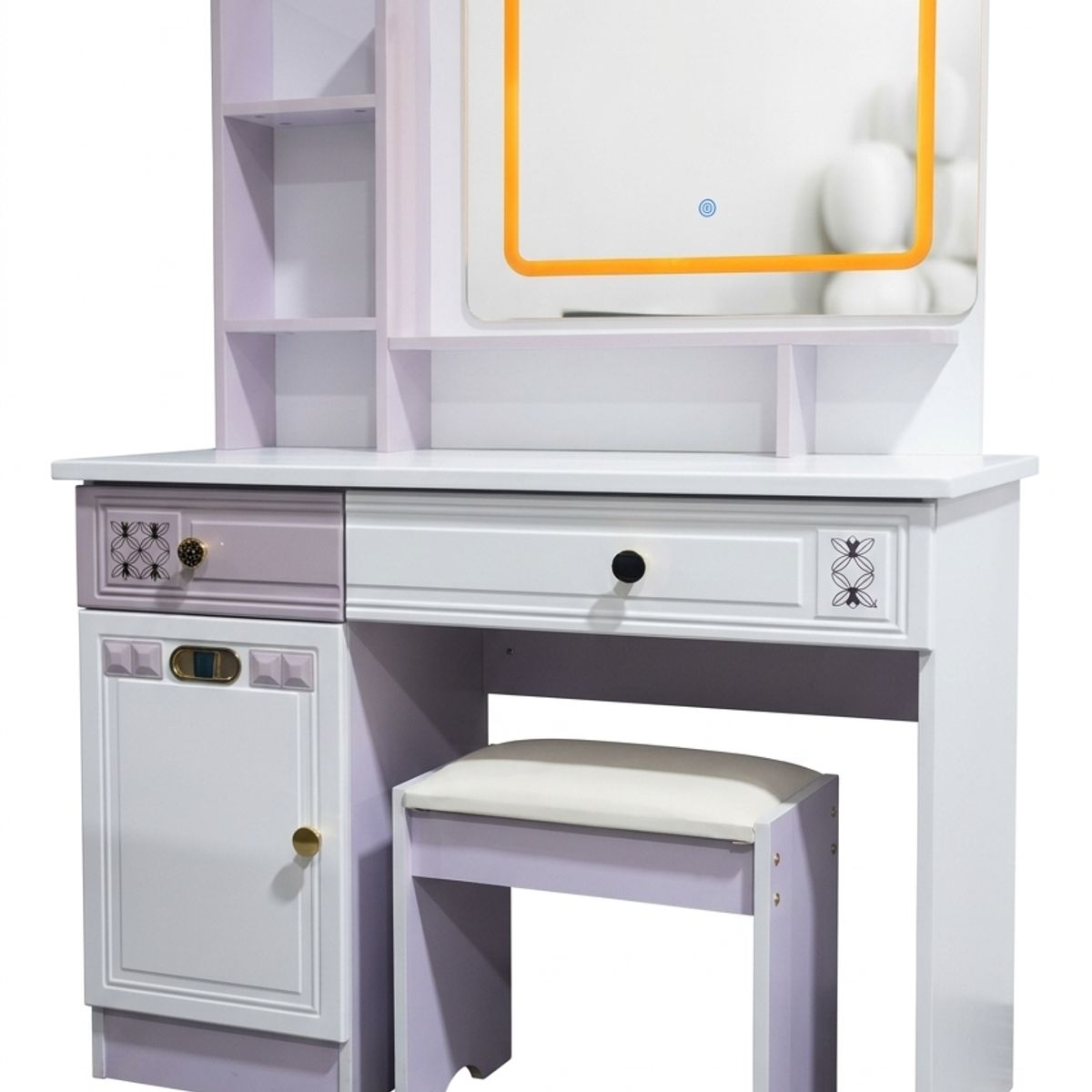 GENERICO - Tocador Moderno con Espejo LED Touch, Organizador Multitono y Taburete  Blanco y Lila