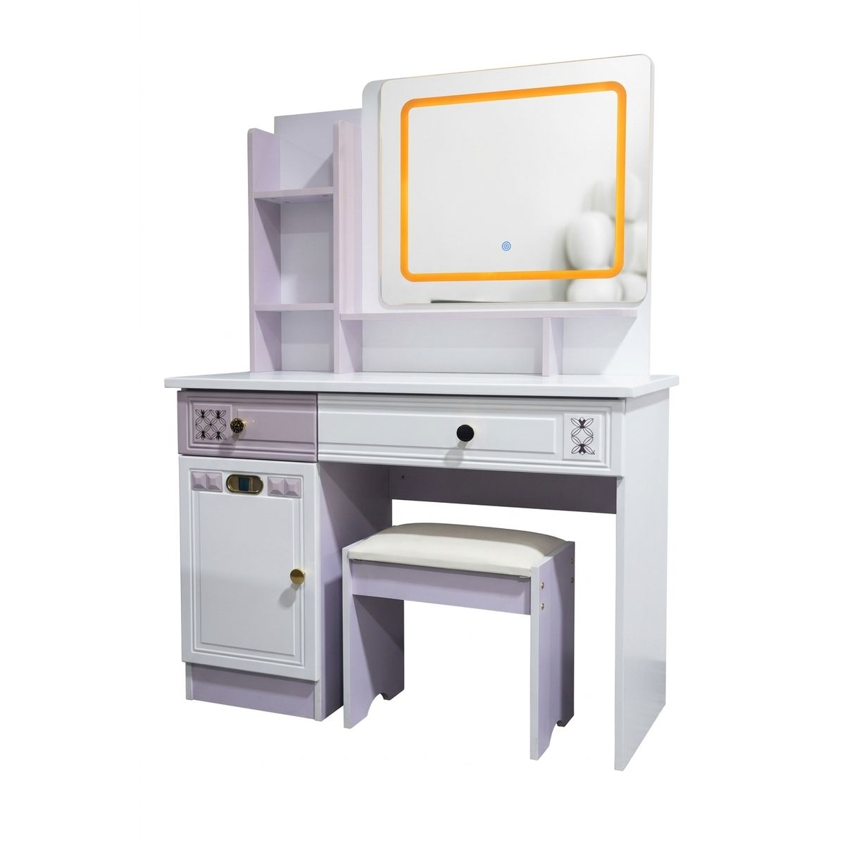 GENERICO - Tocador Moderno con Espejo LED Touch, Organizador Multitono y Taburete  Blanco y Lila