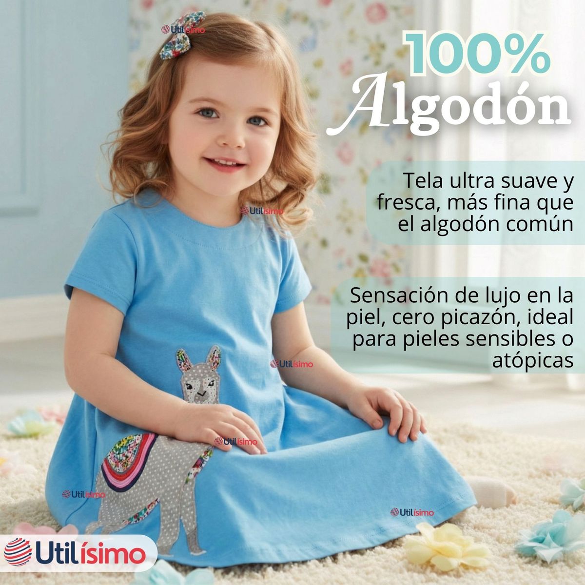 JUMP KIDS - Vestido Manga Corta Azul Verano Algodón Niña