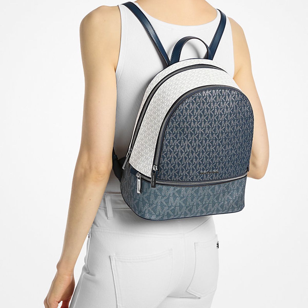 MICHAEL KORS - Mochila Michael Kors Rhea Mediana backpack monograma azul navy