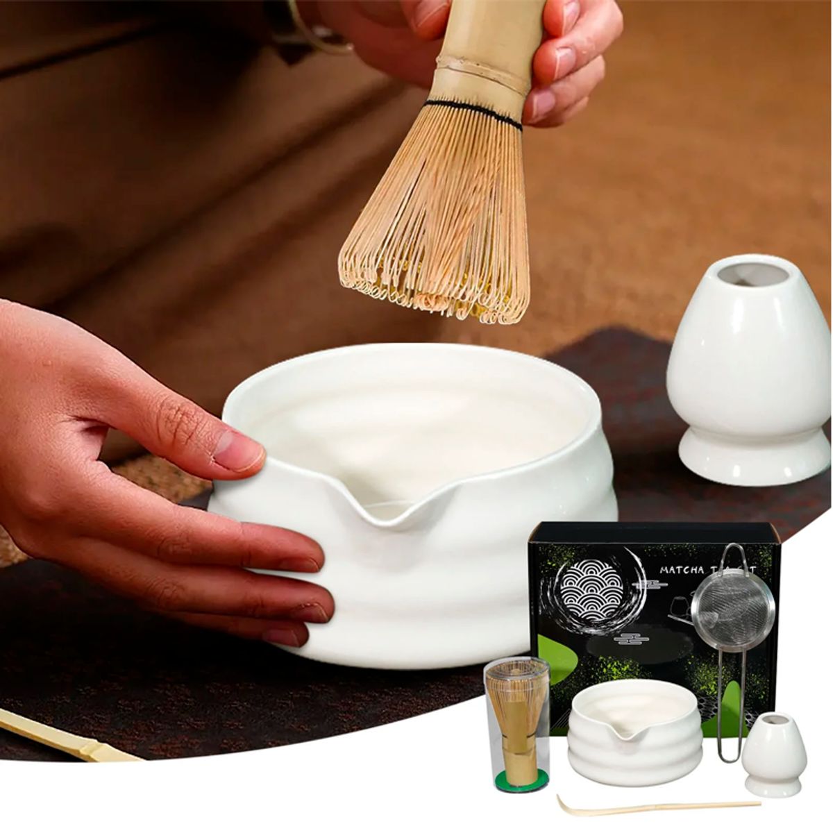 WAKESHOME - Kit de Matcha de 5 Pieza con Batidor Cuenco de Cerámica ,Tamiz  Accesorios