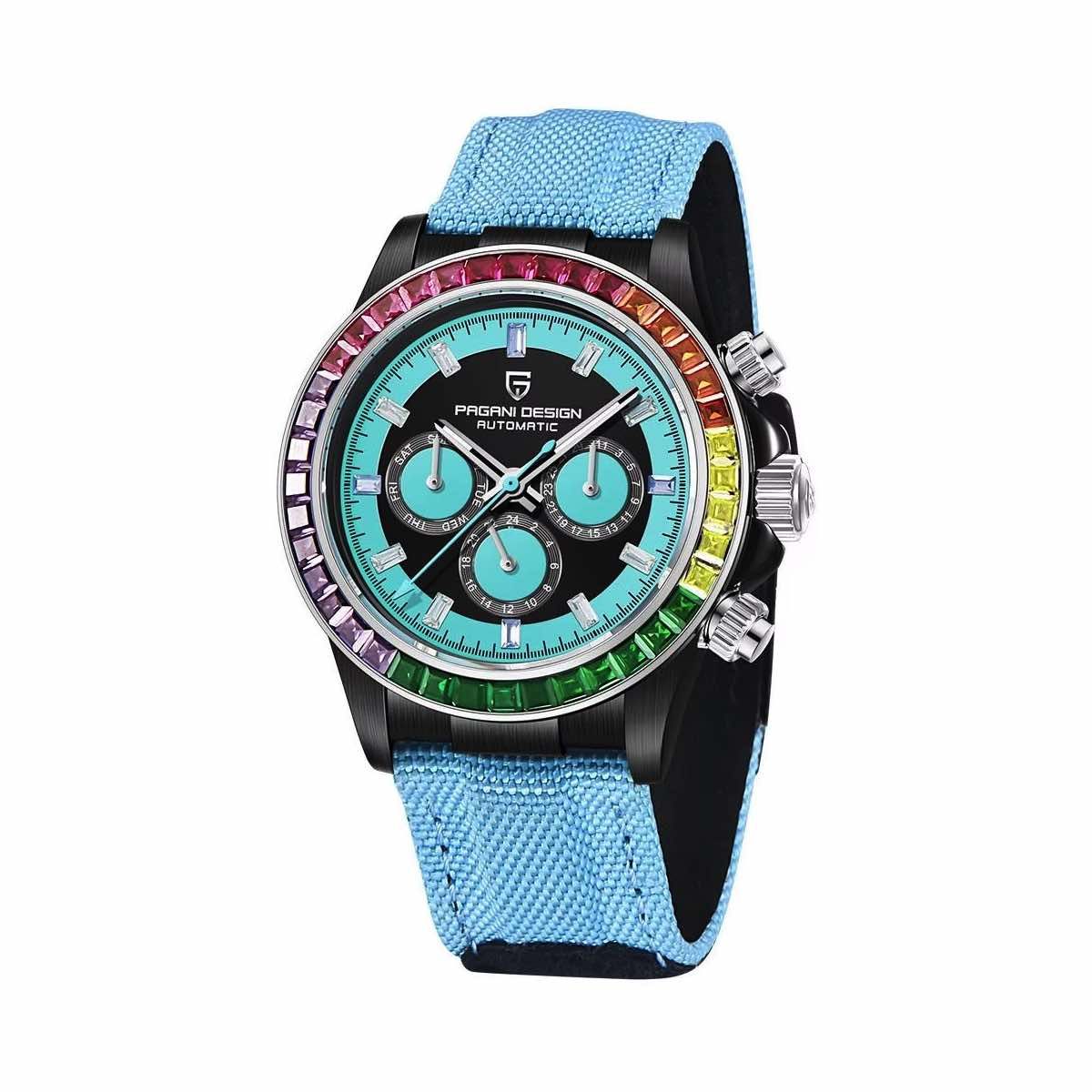 PAGANI - Reloj Pagani Design Daytona Rainbow Automático Cristal Zafiro Celeste Arcoíris