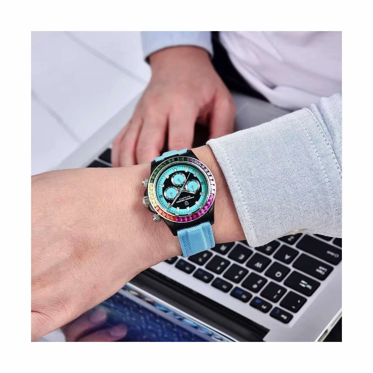 PAGANI - Reloj Pagani Design Daytona Rainbow Automático Cristal Zafiro Celeste Arcoíris