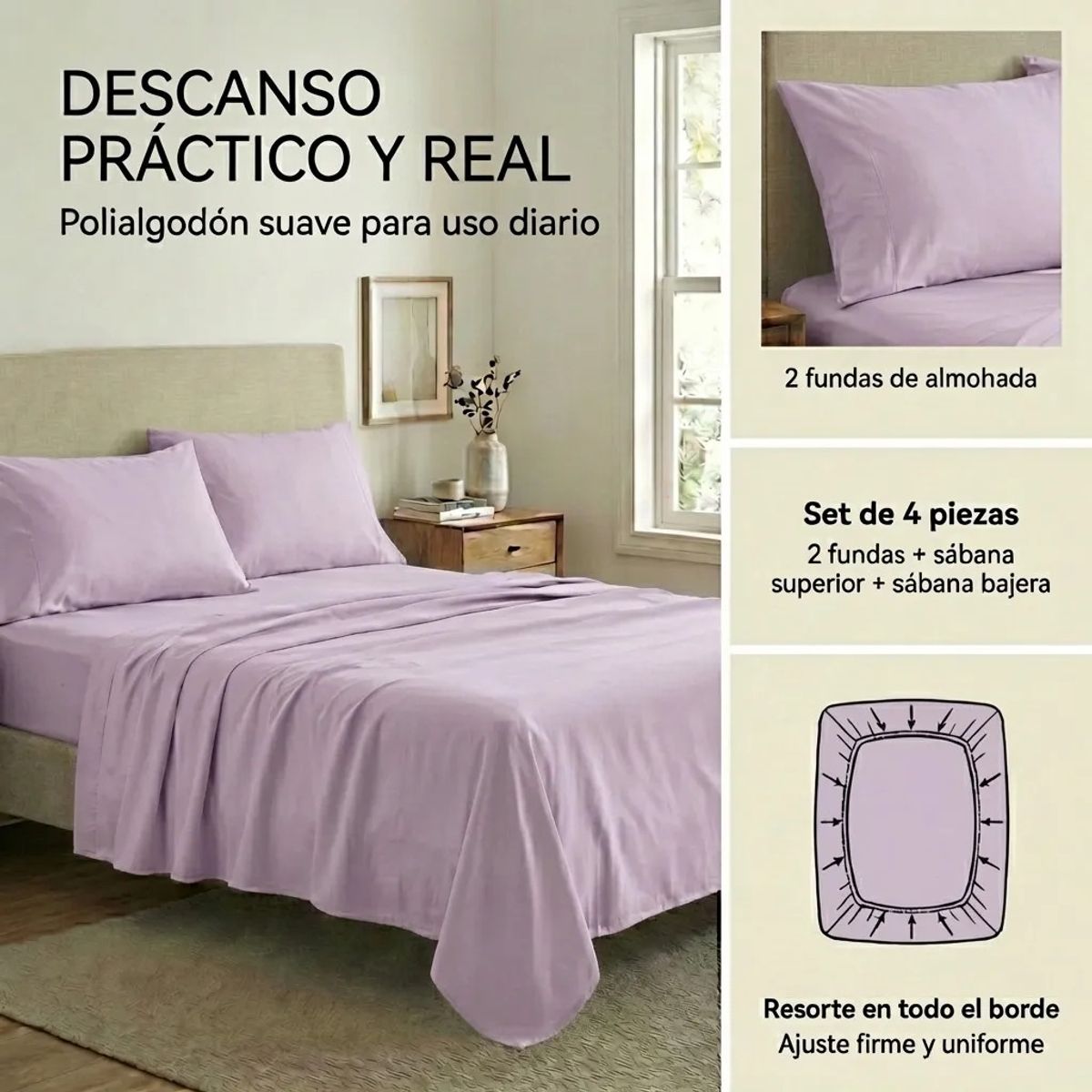 ARMONIA - Juego De Sabanas LILA 2 plazas  4 piezas