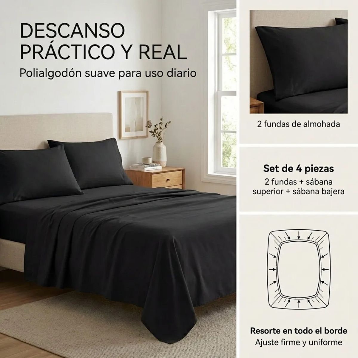 ARMONIA - Juego De Sabanas Negra 2 plazas 4 piezas