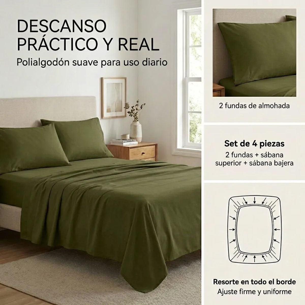 ARMONIA - Juego De Sabanas Verde OLIVA 2 plazas 4 piezas
