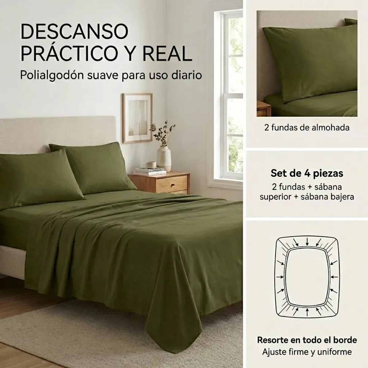 ARMONIA - Juego De Sabanas Verde OLIVA 2 plazas 4 piezas