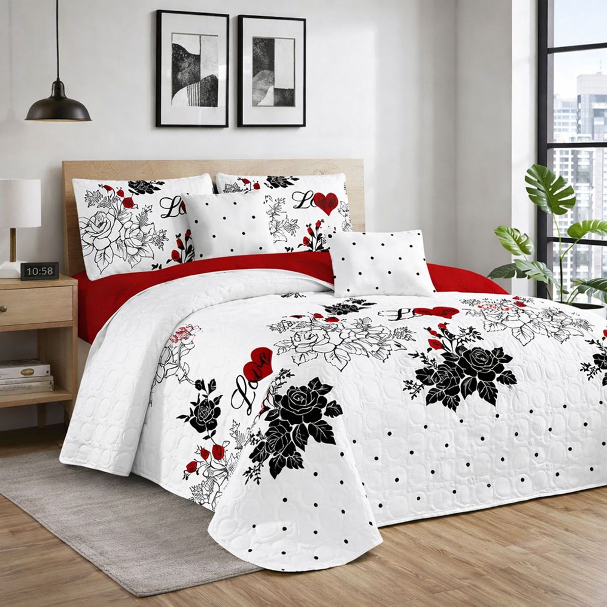 GENERICO - Cobertor de verano 2 plazas blanco con rojo amor