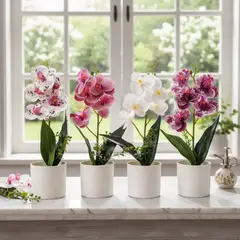 GENERICO - Set 4 Flores Artificiales Orquidea Phalaenopsis Maceta redonda 30cm v1