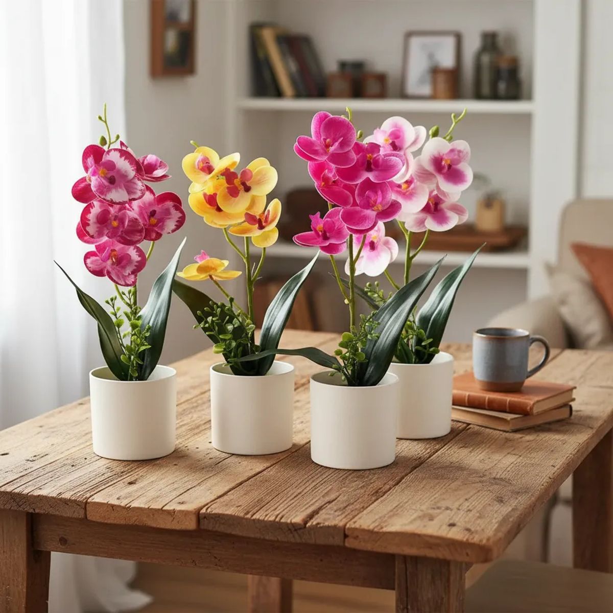GENERICO - Set 4 Flores Artificiales Orquidea Phalaenopsis Maceta redonda 30cm v2