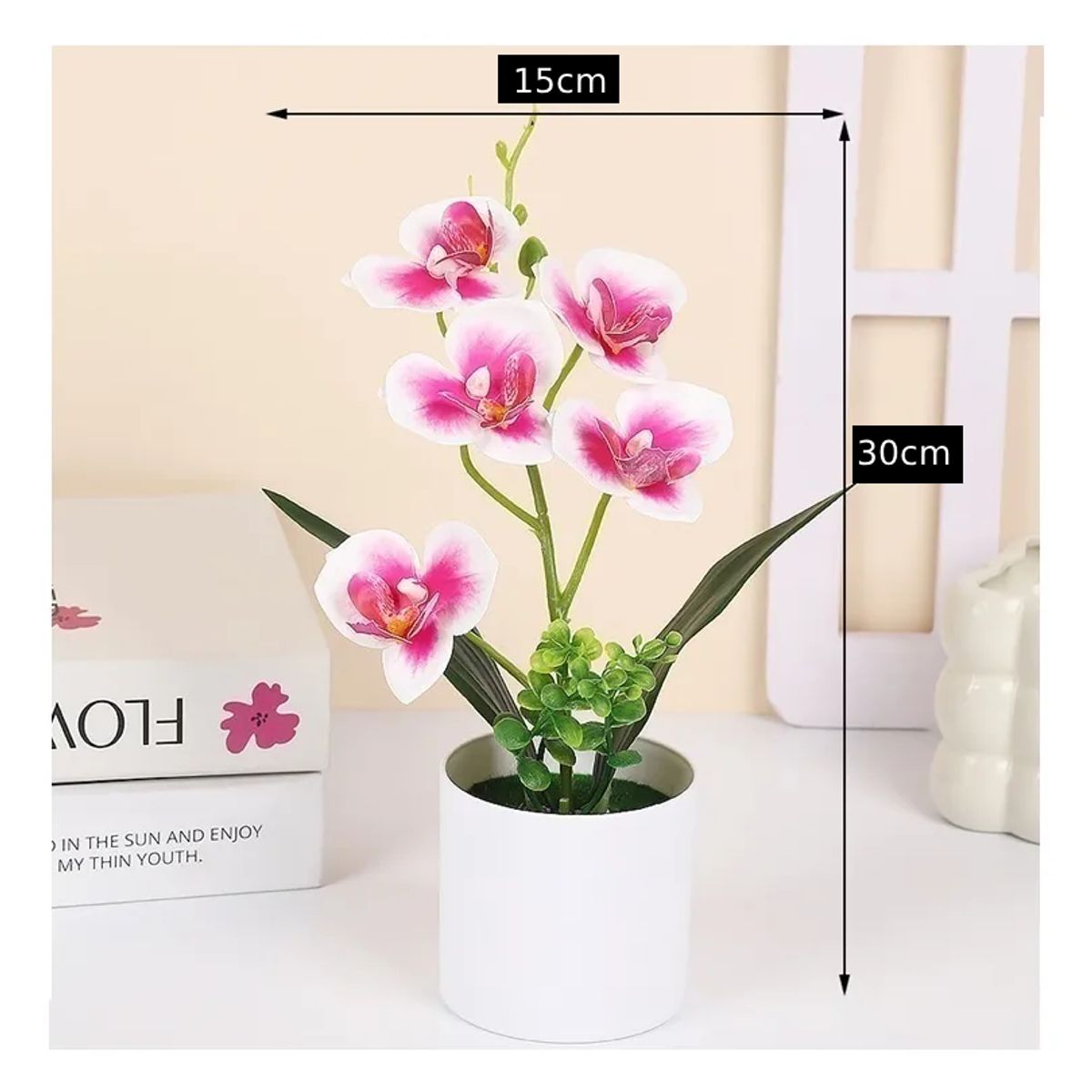 GENERICO - Set 4 Flores Artificiales Orquidea Phalaenopsis Maceta redonda 30cm v2