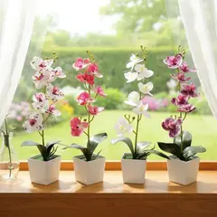 GENERICO - Set 4 Flores Artificiales Orquidea Phalaenopsis Maceta cuadrada 40cm v1