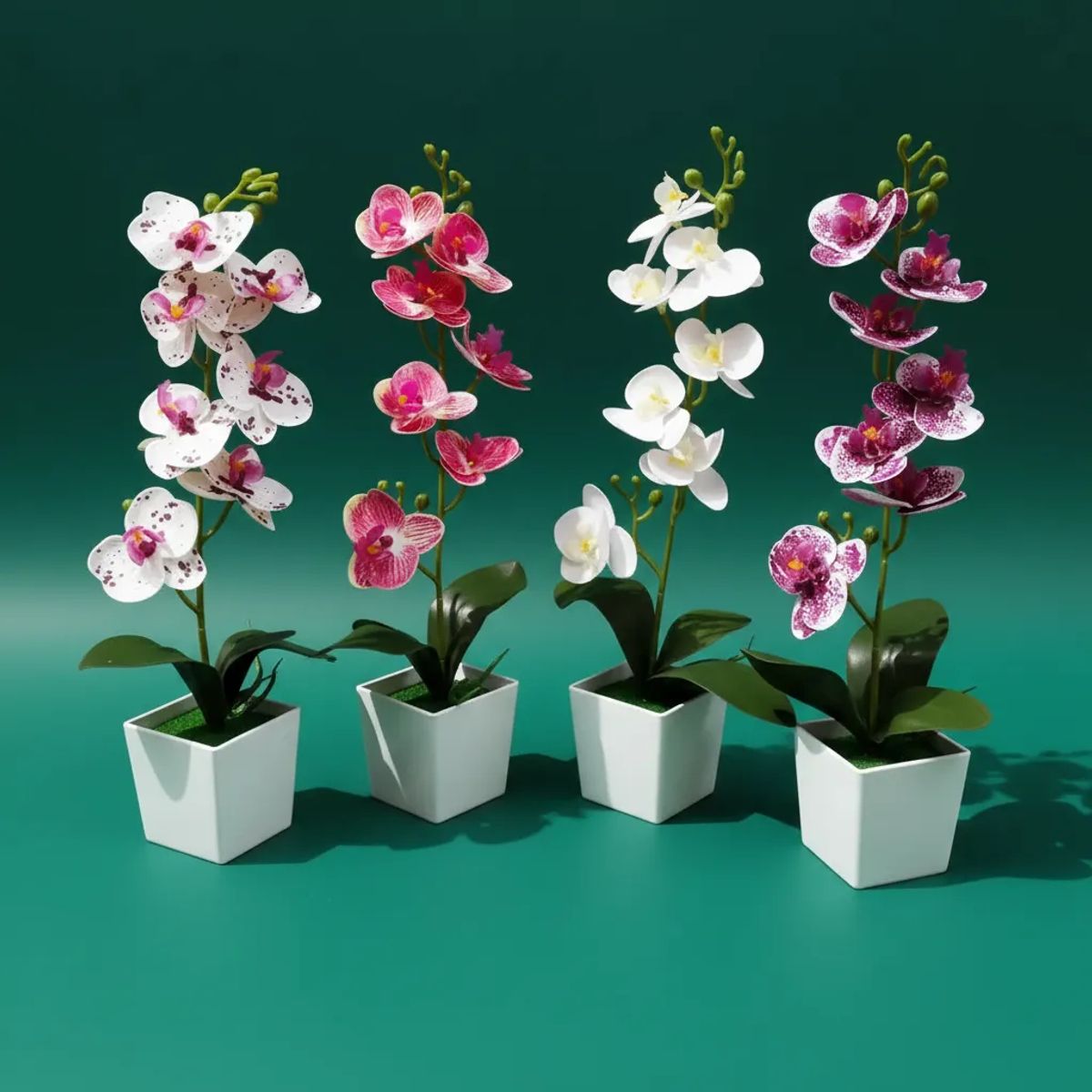 GENERICO - Set 4 Flores Artificiales Orquidea Phalaenopsis Maceta cuadrada 40cm v1