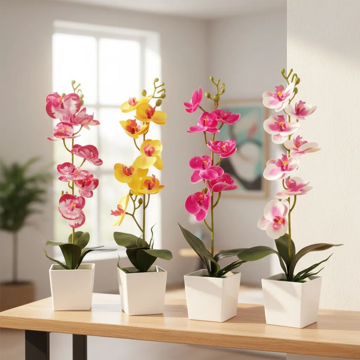 GENERICO - Set 4 Flores Artificiales Orquidea Phalaenopsis Maceta cuadrada 40cm v2