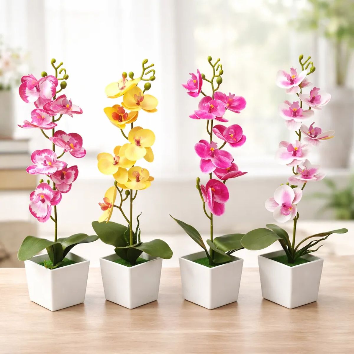 GENERICO - Set 4 Flores Artificiales Orquidea Phalaenopsis Maceta cuadrada 40cm v2