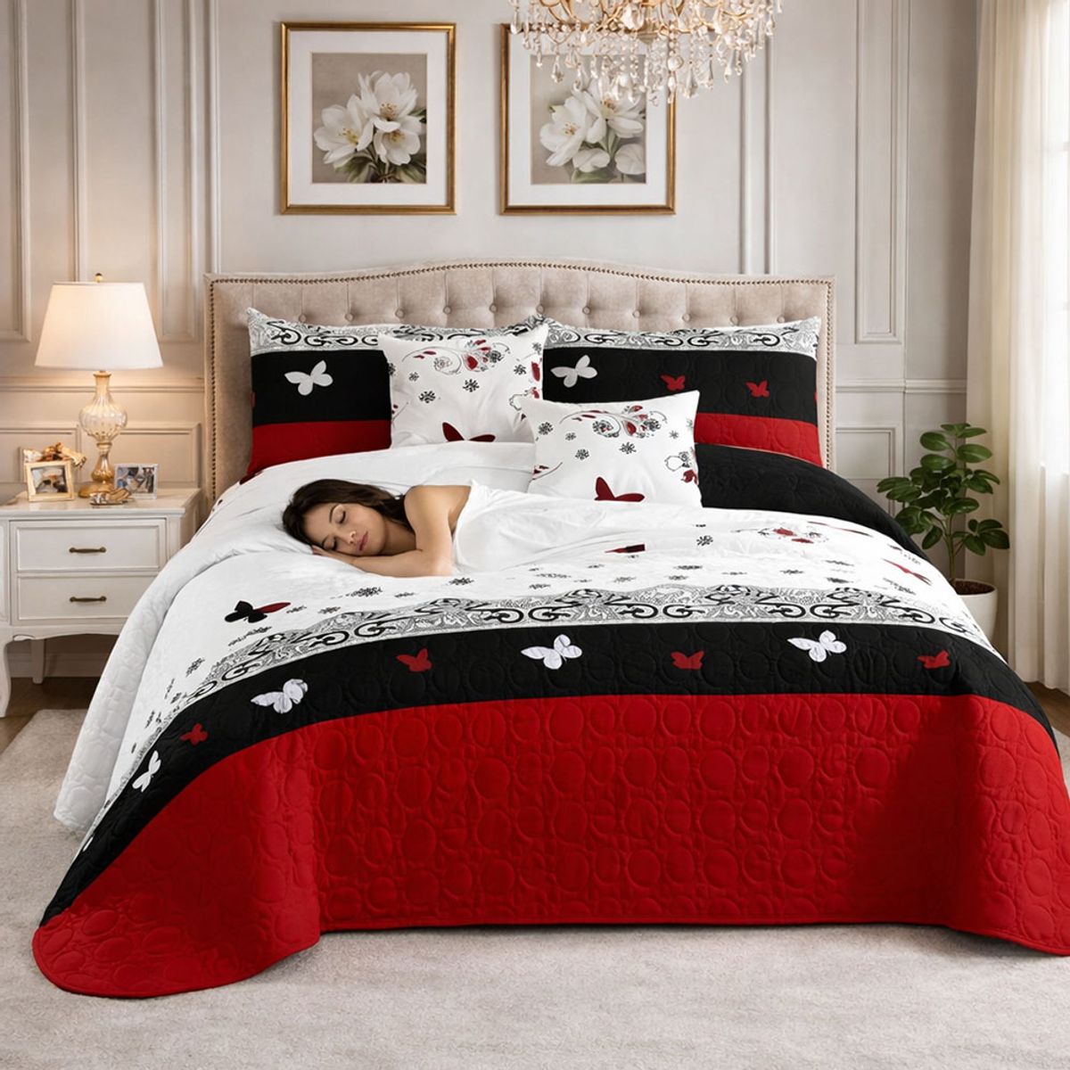 GENERICO - Cobertor verano blanco con rojo mariposas de 2 plazas