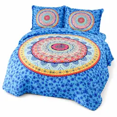 GENERICO - Cobertor cubrecama verano 2 plazas azul estampado mandala
