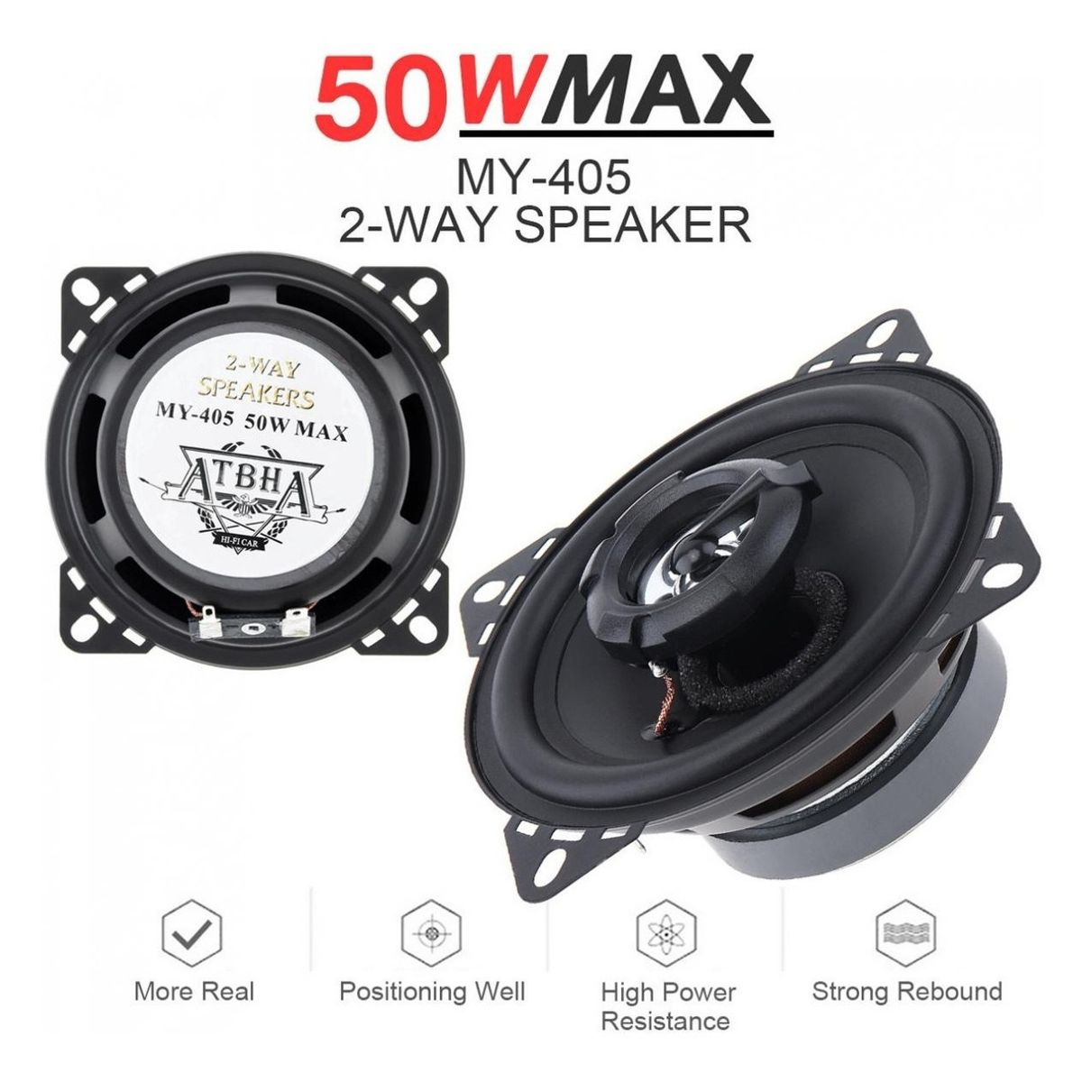 GENERICO - X2 Parlante Auto 10cm Redondo 50w Coaxial 2 Vías Hifi 213023 Color Negro-213023 C44