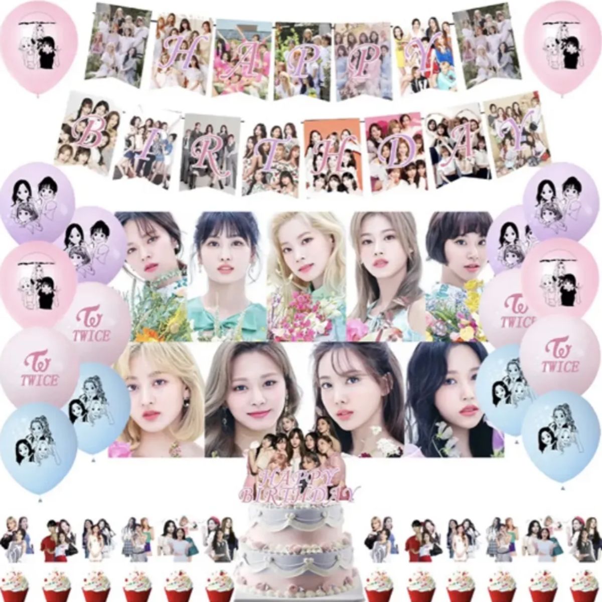 GENERICO - Kit Decoracion Cumpleaños Twice Fondo Kpop Globos Banner Tela