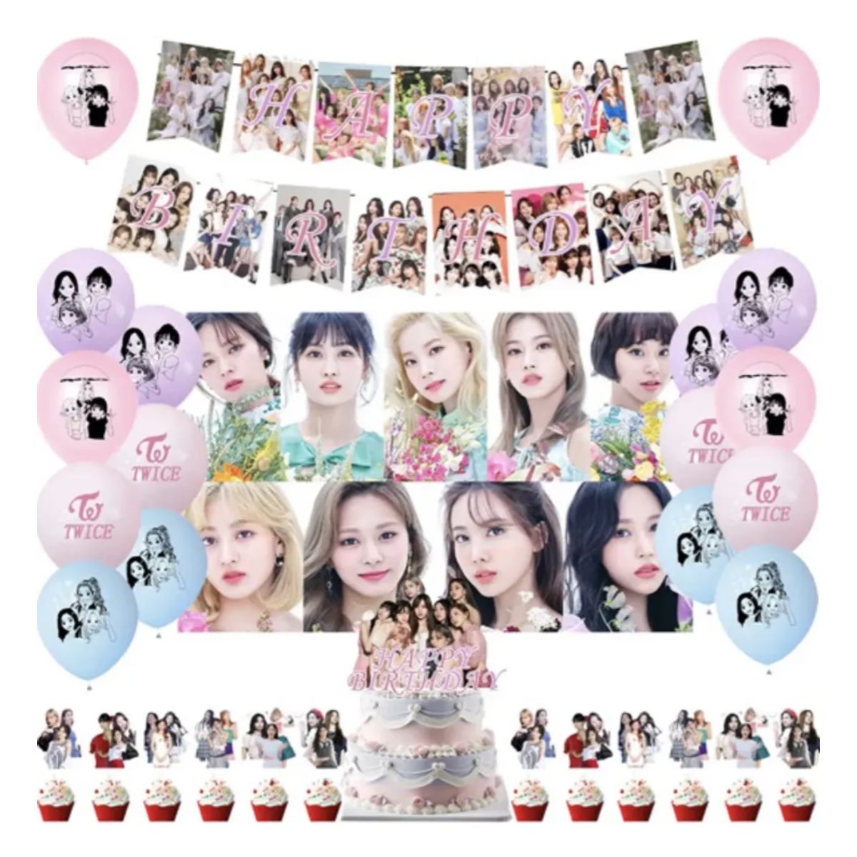 GENERICO - Kit Decoracion Cumpleaños Twice Fondo Kpop Globos Banner Tela