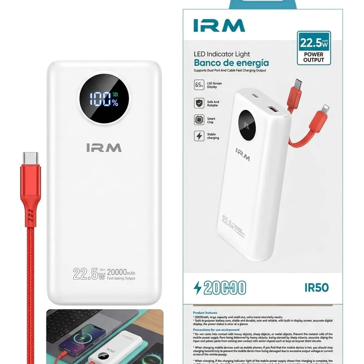 IRM - Power Bank 20000mAh 22.5W Carga Rápida Batería Portátil USB Para Celular y Tablets