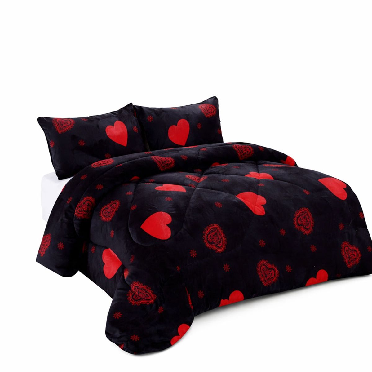 GENERICO - Cobertor de invierno chiporro 2 plazas negro con corazones rojos