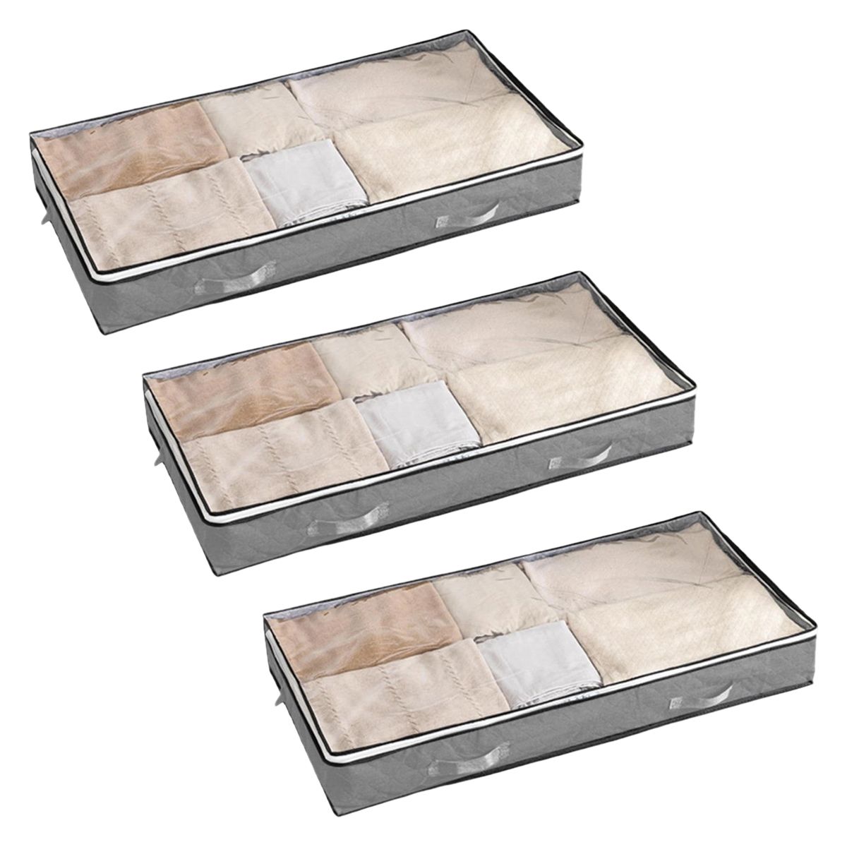 ATURE - Lote 3 Cajas Bajo Cama 100x50x15cm, Para Ropa Y Edredones Gris