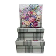 GENERICO - Set 3 Cajas De Regalo Diseño Flores Con Cuadros Gris