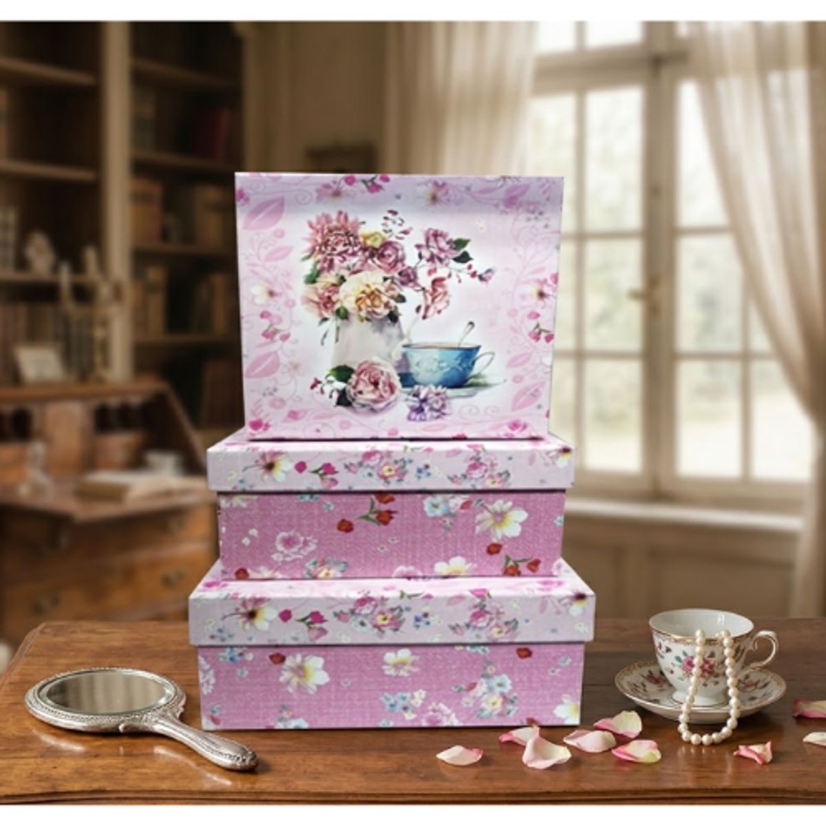 GENERICO - Set 3 Cajas De Regalo Diseño Flores Fondo Rosado