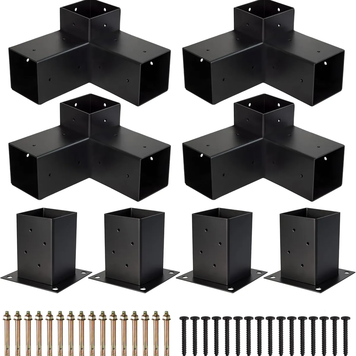 KUANGYE - Kit Brackets Pérgola 4 Soportes De 3 Vías + 4 Bases Columnas