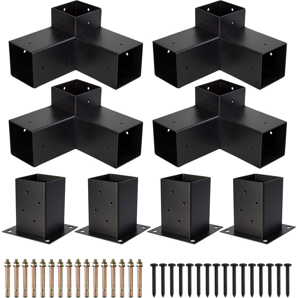 KUANGYE - Kit Brackets Pérgola 4 Soportes De 3 Vías + 4 Bases Columnas