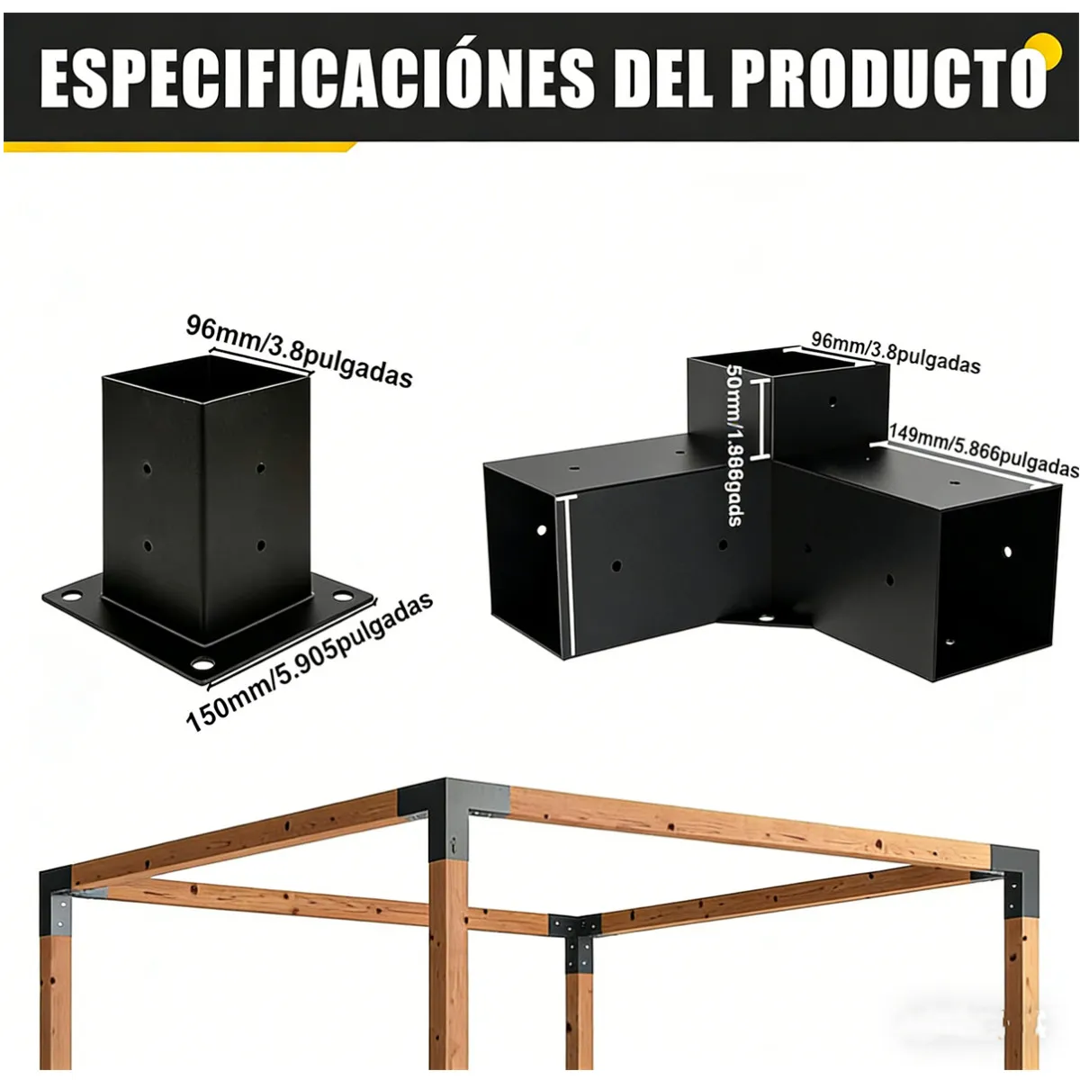 KUANGYE - Kit Brackets Pérgola 4 Soportes De 3 Vías + 4 Bases Columnas