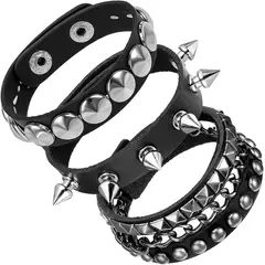 KUANGYE - Pack De 3 Pulseras Gótica Punk Rock Brazalete Con Púas Negro 10 Cm 23 Cm