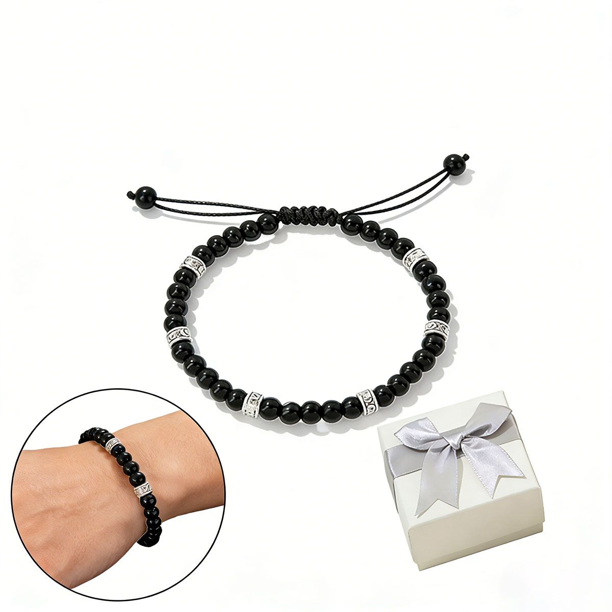 MOONCORE - Pulsera Ajustable Turmalina Negra Y Plata, Energía Positiva