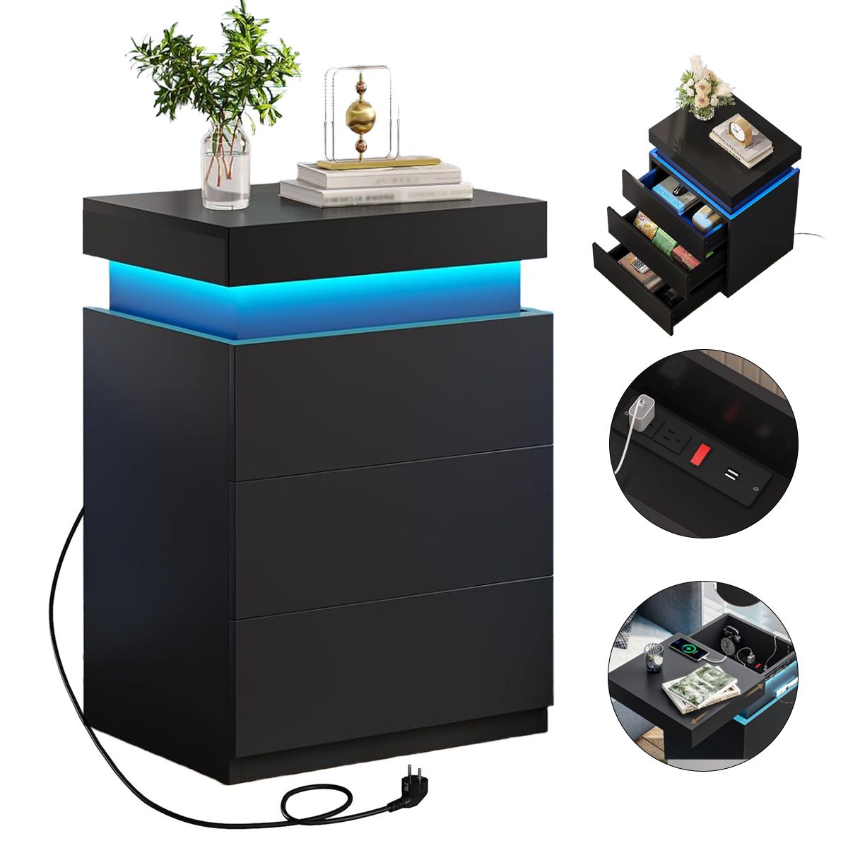 UENMI - Mesita De Noche Inteligente Con 3 Cajones E Iluminación Negro