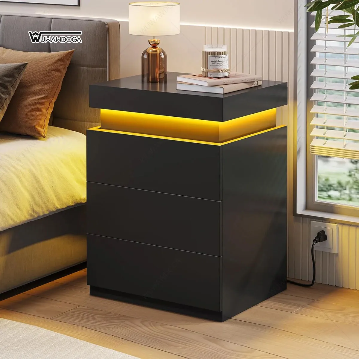 UENMI - Mesita De Noche Inteligente Con 3 Cajones E Iluminación Negro