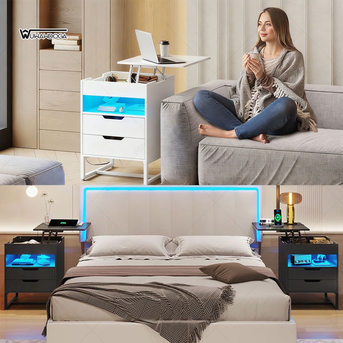 UENMI - Veladores Con Iluminación En Armario Con Tapa Abatible Blanco