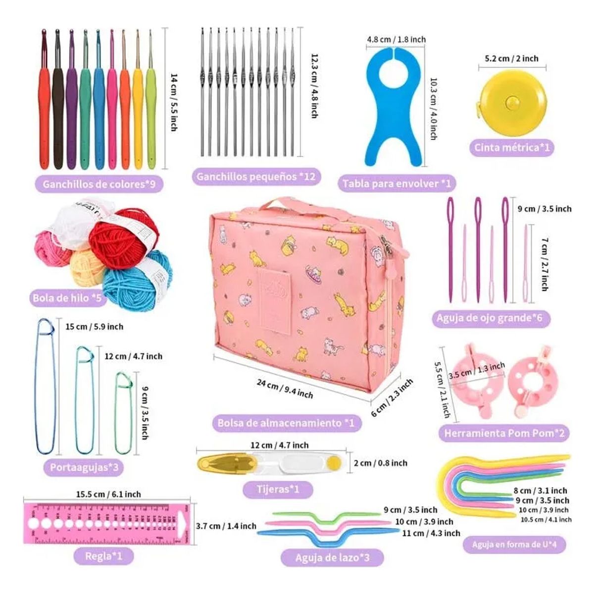 AIZO - Set Con Estuche Crochet Silicona Accesorios Para Tejer 59pcs