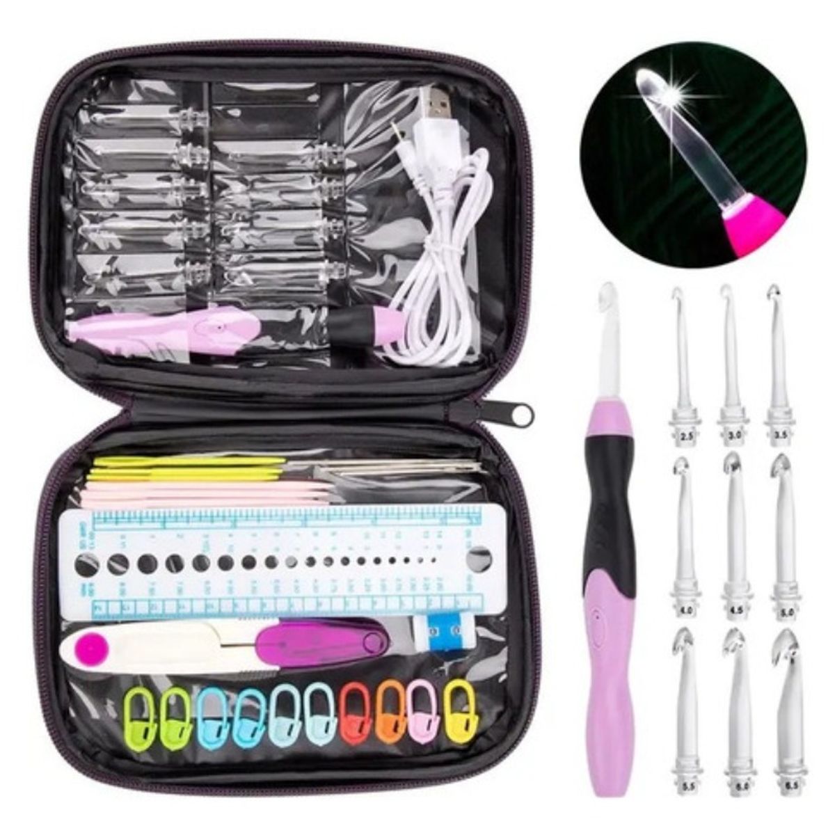 GENERICO - Estuche Set Crochet Intercambiable Con Luz Led Rosa
