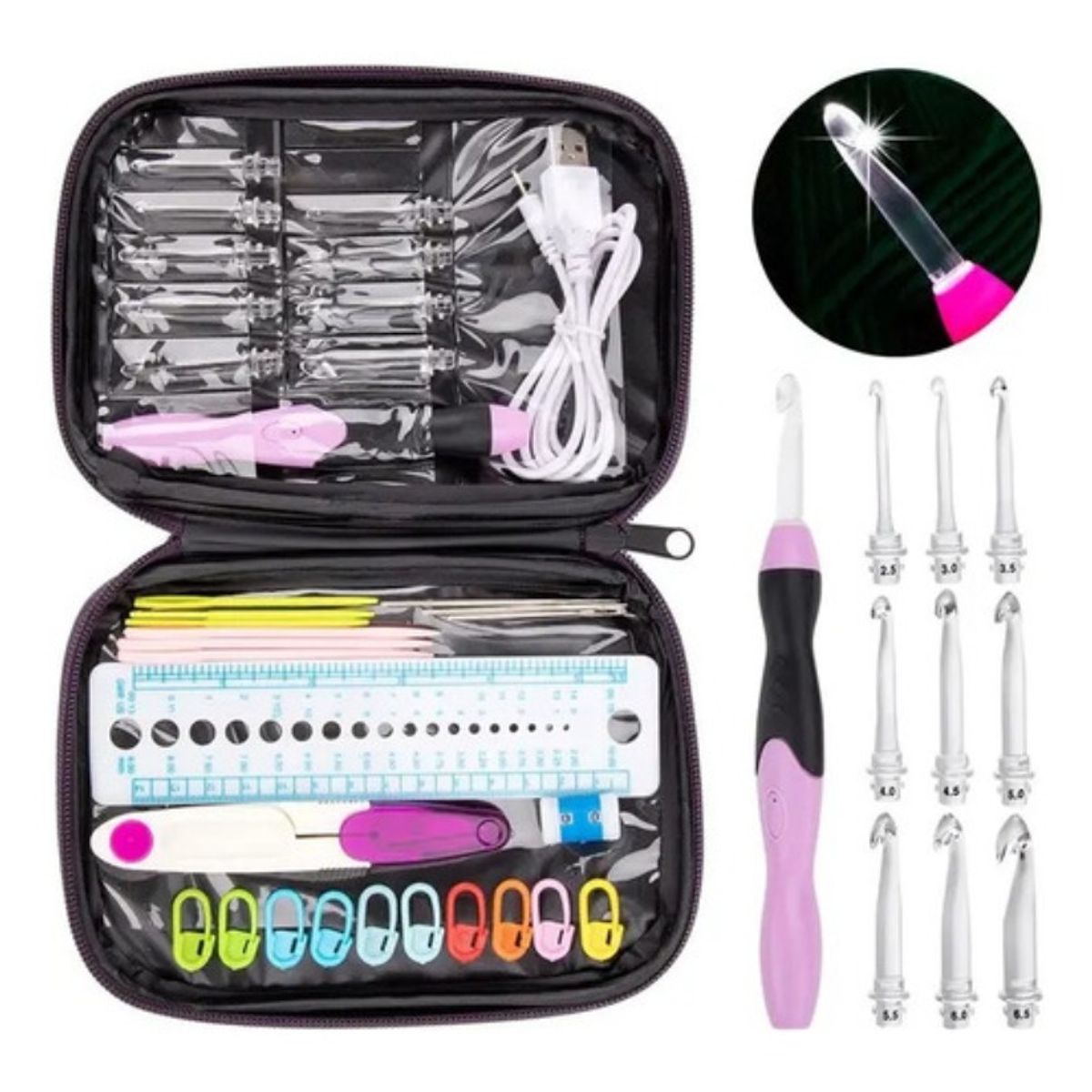GENERICO - Estuche Set Crochet Intercambiable Con Luz Led Rosa