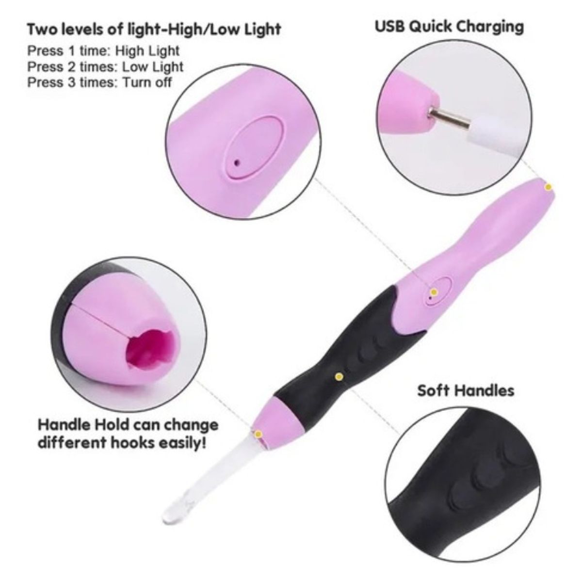GENERICO - Estuche Set Crochet Intercambiable Con Luz Led Rosa