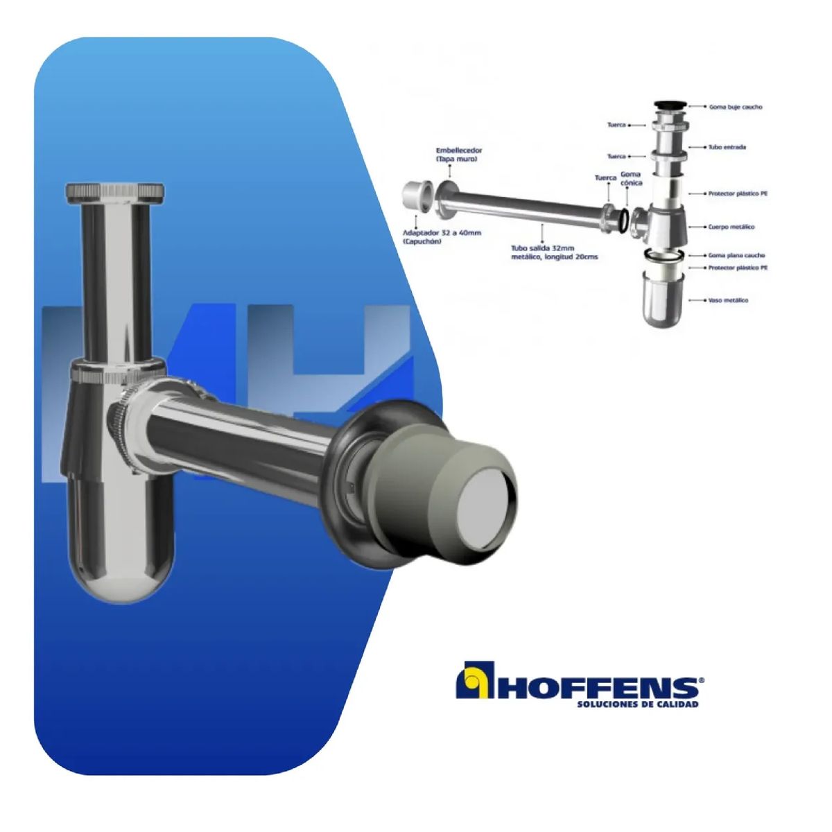HOFFENS - Sifon Metalico Lavatorio 1 1/4 Cromado Con Vaso De Registro