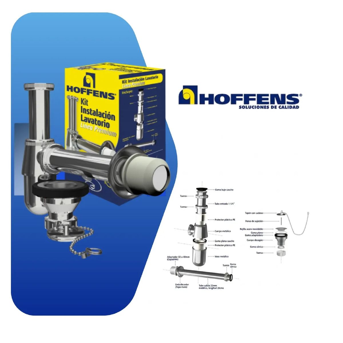 HOFFENS - Sifon Metalico Lavatorio 1 Un Cuarto + Desague Cromado Completo