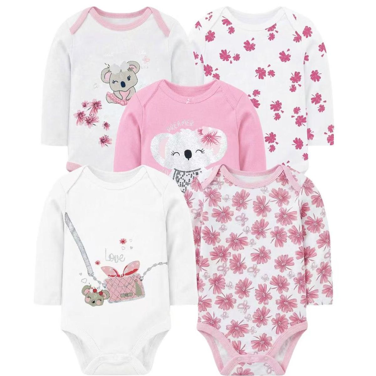 TEDMIMAK - bodys manga larga algodon  pack  5 unidades  koala niña