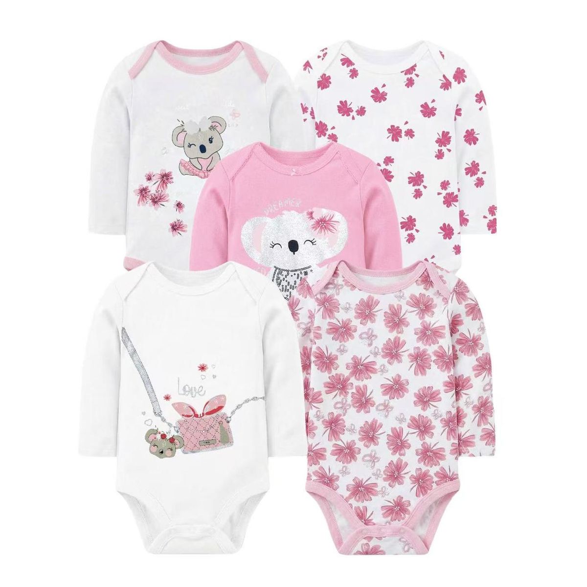 TEDMIMAK - bodys manga larga algodon  pack  5 unidades  koala niña