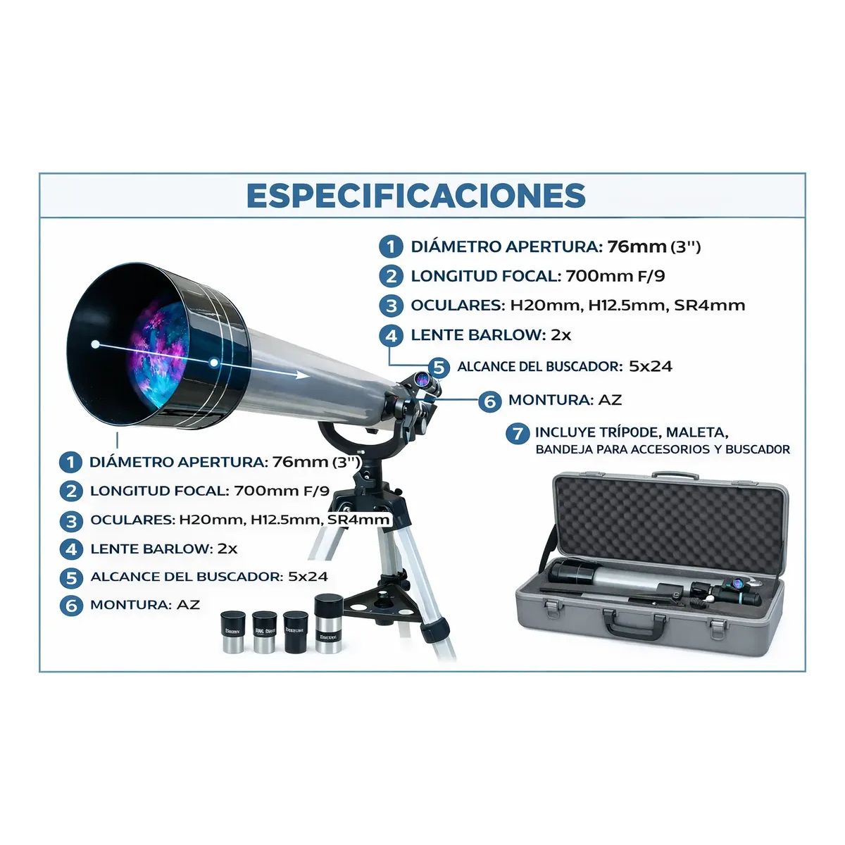 MLAB - Telescopio Portátil Microlab 700 7711 76×700 Color Plata