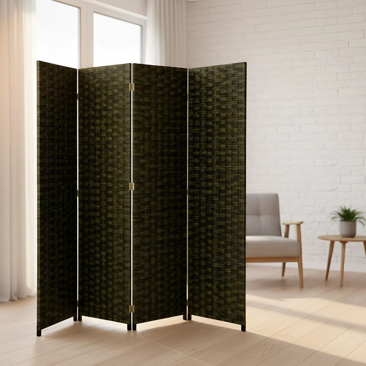 GENERICO - Biombo Tela Moderno Ambientes Separador 180 Cm 4 Puertas Geométrico Verde Oscuro Separador Ambiente