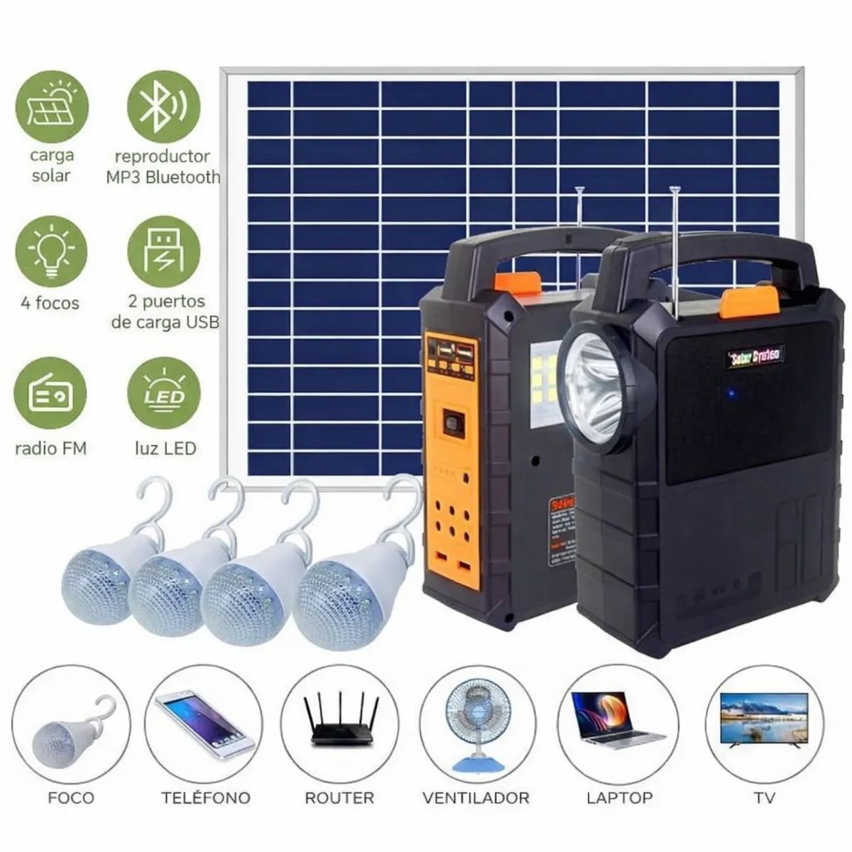 MOVI - Kit Solar de Emergencia, Hasta 50 hrs de Duración con 4 Ampolletas Led, 2 Linternas, Radio, Bluetooth
